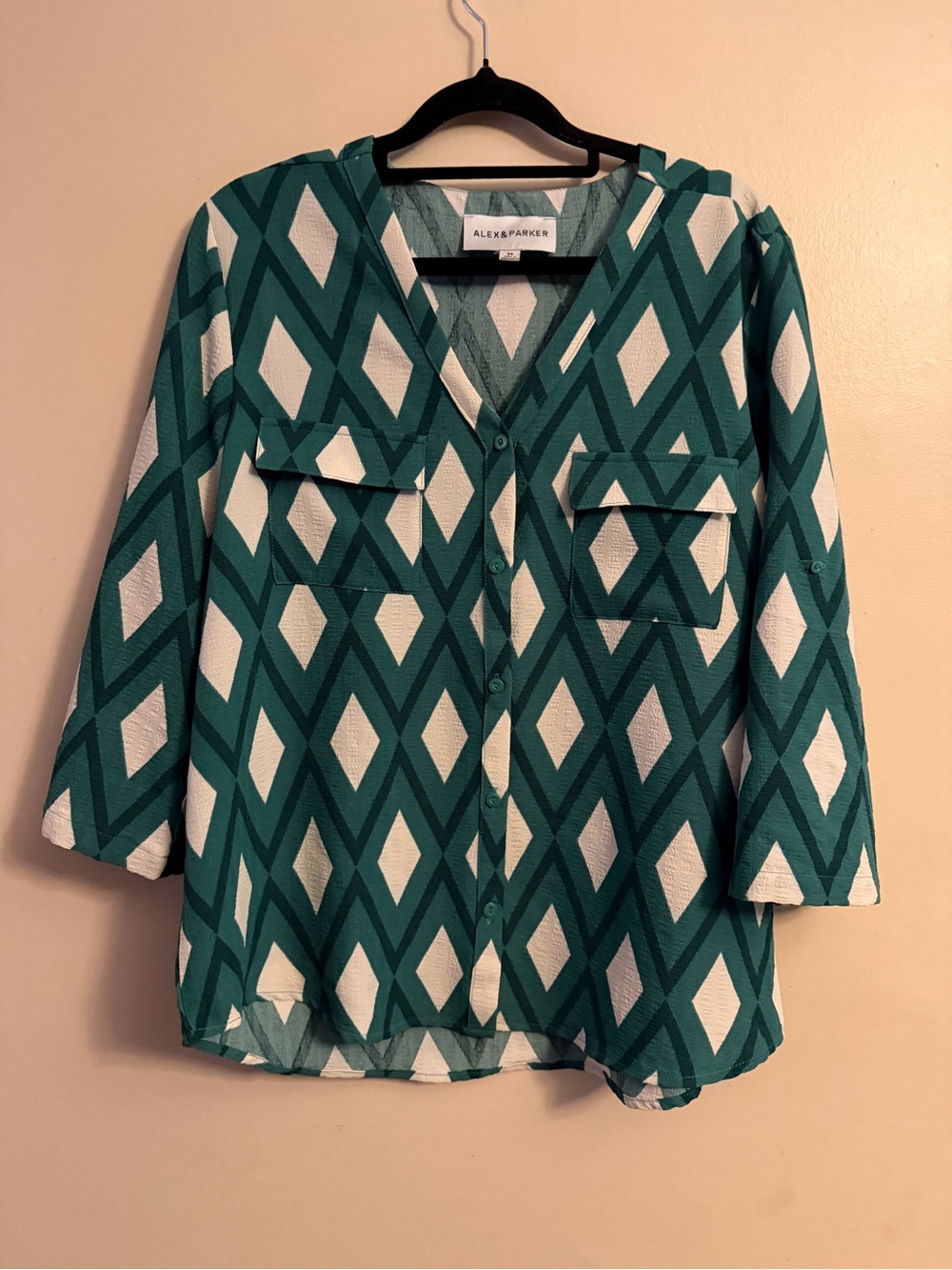 Alex & Parker Teal and White Geometric Button-Down Blouse